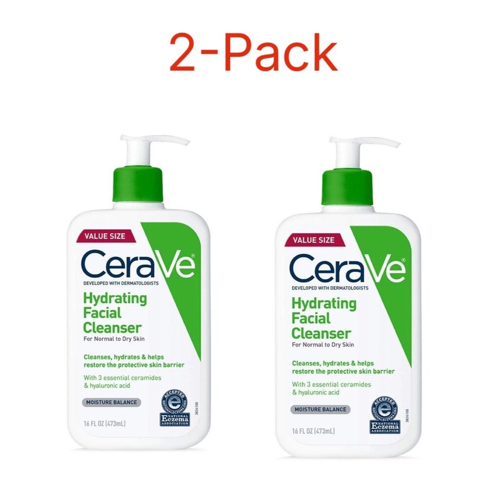 2-Pack CeraVe Hydrating Facial Cleanser Moisturizer Face Wash Dry Skin 16oz